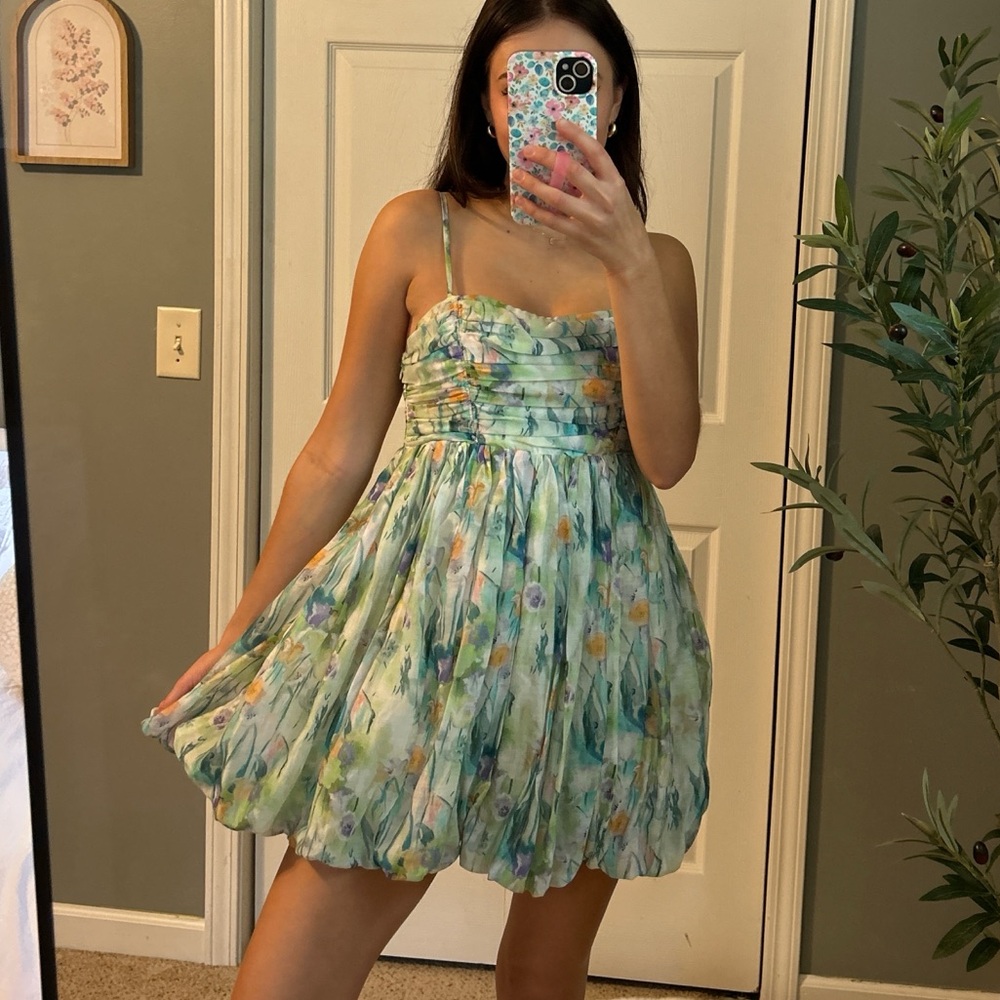 Nordstrom Floral Bubble Hem Minidress Green